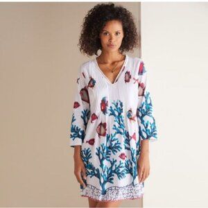 Soft Surroundings Dress Womens XS Petite White Beach Cover Up Coral Beaded Tunic